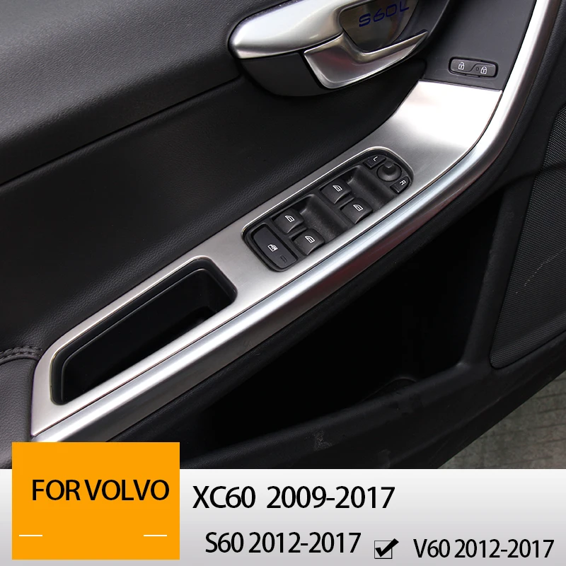 Reposabrazos de puerta de acero inoxidable, Panel de botones elevador de vidrio, cubierta decorativa para Volvo XC60 S60 V60, pegatina de accesorios para coche