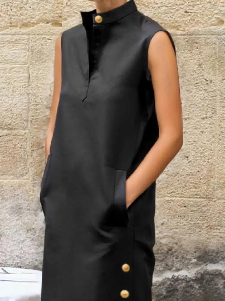 Vestido de Noche Yeezzi para Mujer, con Botones Laterales, Cuello Alto, Sin Mangas, Color Sólido, Corte en H, Estilo Casual, Nuevo 2026
