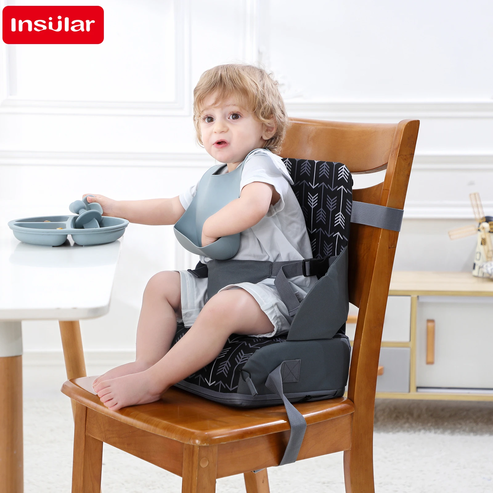 Silla de Comer Plegable y Portátil INSULAR, Asiento Infantil Antideslizante con Cojín Alto, Silla de Comer para Bebés con Cojín Alto, Artículos de Viaje para Niños