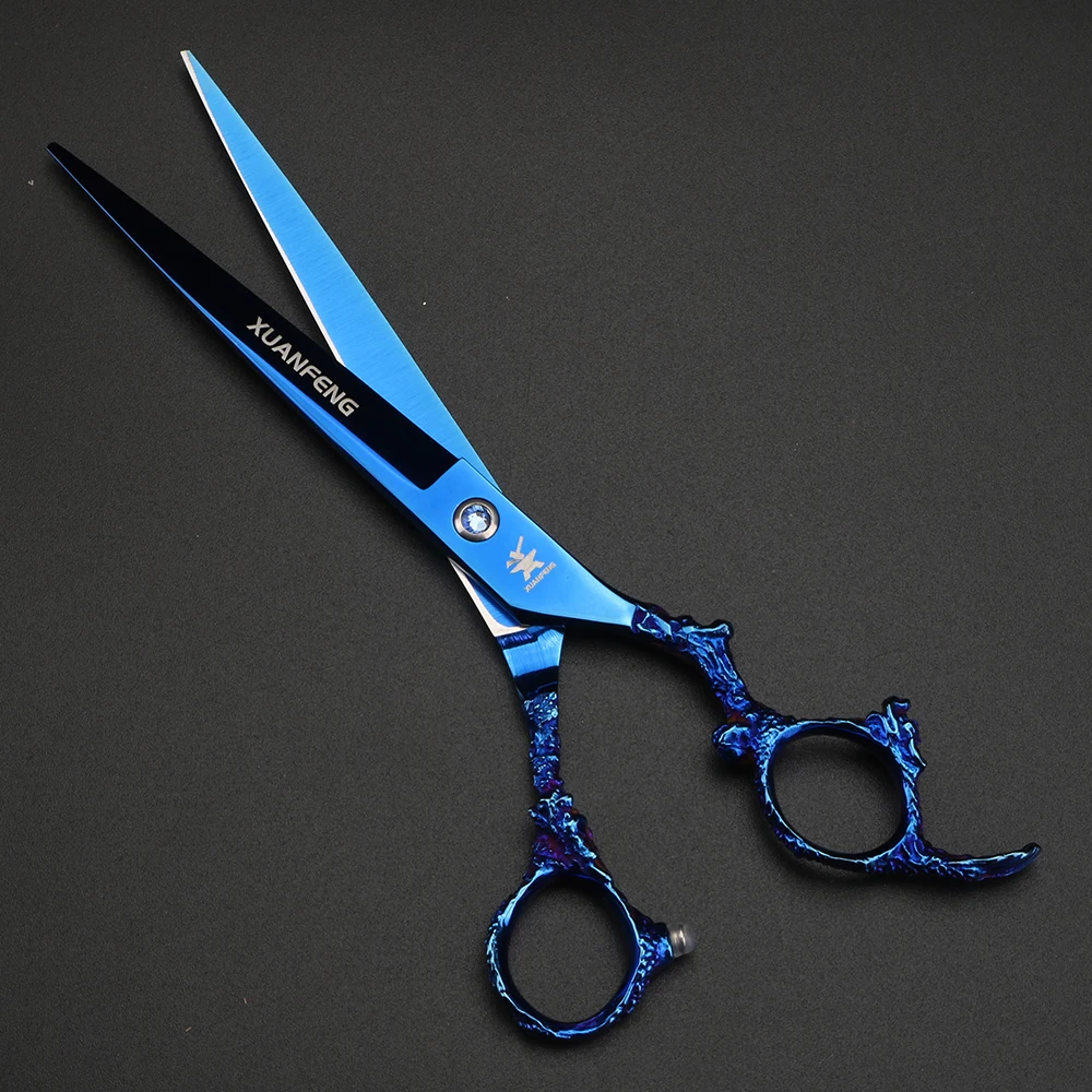 Tijeras para el cabello XUANTENG de 7 pulgadas con mango de dragón azul, tijeras de corte 440C, tijeras japonesas
