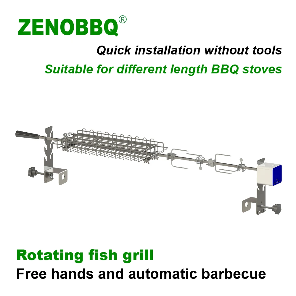 ZENOBBQ-cesta giratoria para asador, parrilla de pescado, escupir para barbacoa, estante automático para carne, accesorios para asador de ajuste de longitud libre para hornear