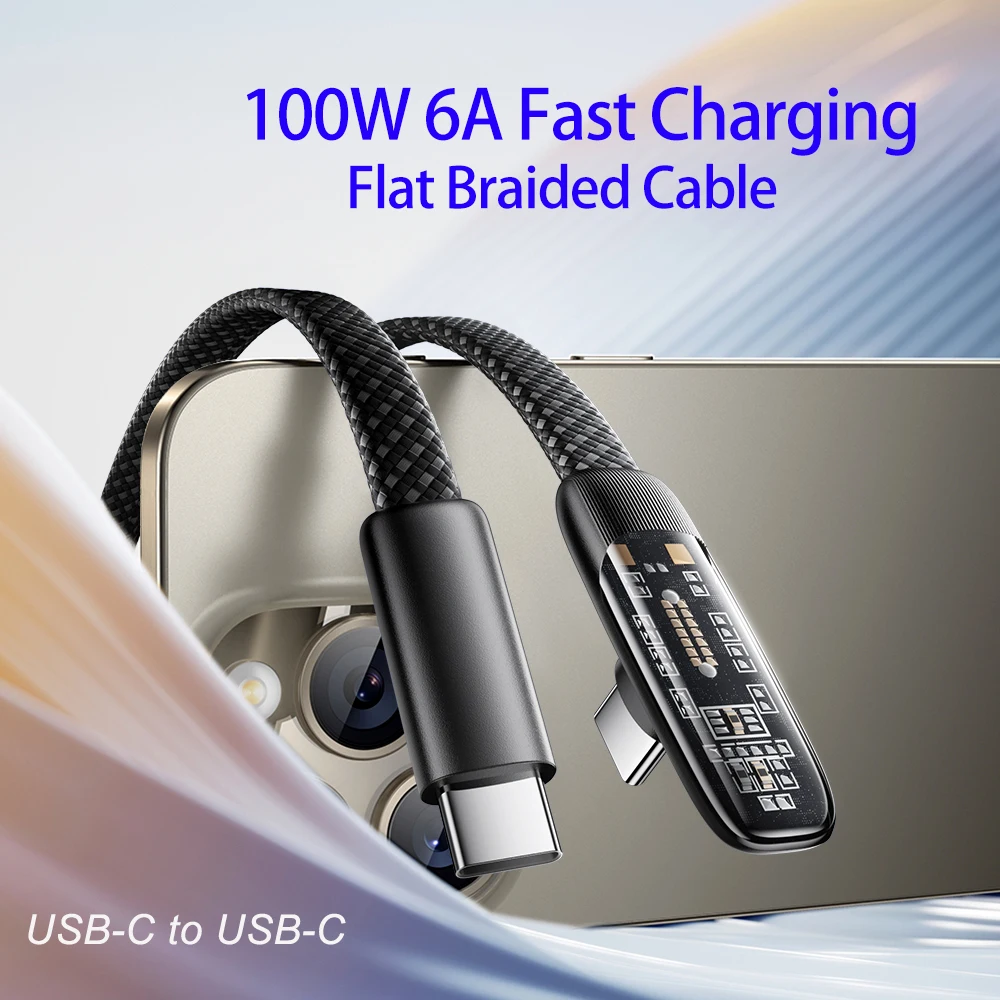 Cable de Carga Rápida Tipo C a Tipo C de 100W 6A con Conector en Ángulo para Samsung S24, Huawei, Xiaomi P40, Teléfono Android, USB C, MacBook Pro, iPad Pro