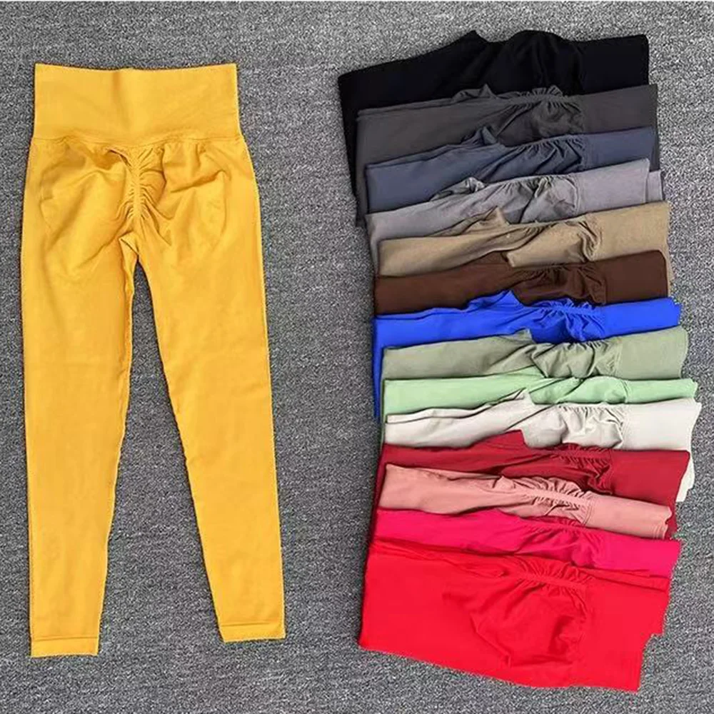 Pantalones deportivos sin costuras para Yoga, mallas deportivas de cintura alta, transparentes, para Yoga, gimnasio, correr, pantalones de secado rápido, pantalones con fruncido en la parte de atrás