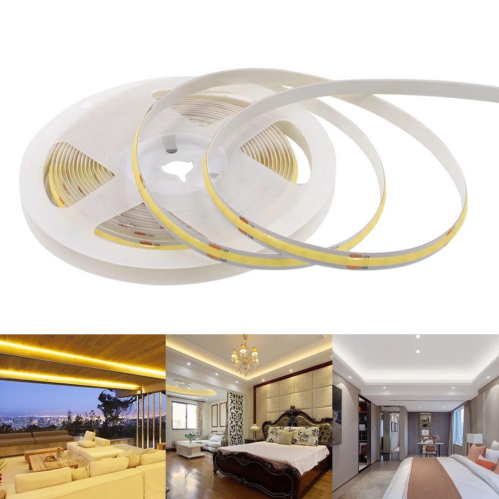 Tira de luces LED COB 5V 12V 24V 320 480 384 528 LED cinta Flexible 5mm 3mm 8mm PCB blanco Natural cálido luces lineales de alta densidad