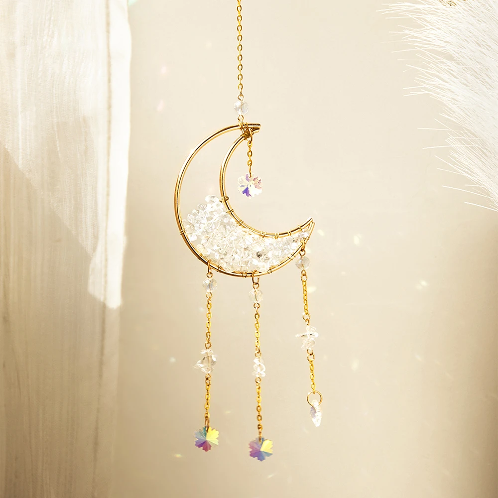 Atrapasueños de amatista con piedras preciosas de cristal y Luna, atrapasueños para decoración del hogar, ventana de cristal de arcoíris, decoración de jardín y patio al aire libre