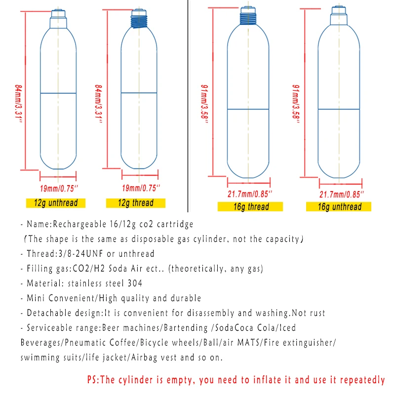 Nuevo Diseño Cartucho de CO2 sin Rosca 16G 12g Recargable para Bomba, Dispensador de Cerveza Casera, Máquina de Soda, Agua con Gas, Elaboración de Cerveza, Barril de Cerveza