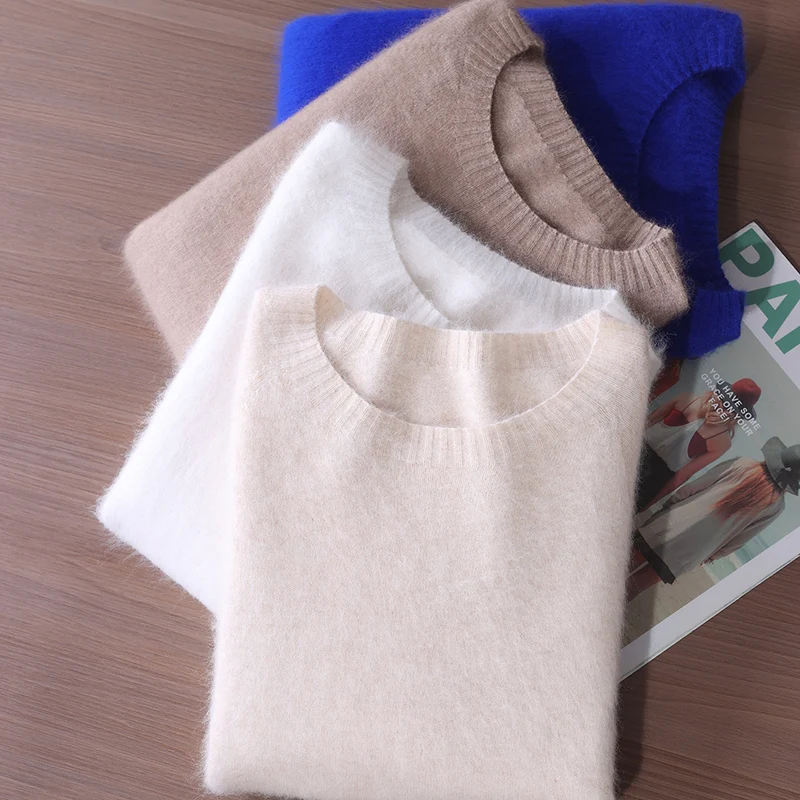 Jersey básico para mujer, suéter de cachemira de visón 100%, suéter suave de punto con cuello redondo para otoño e invierno, camiseta nueva cálida de manga larga