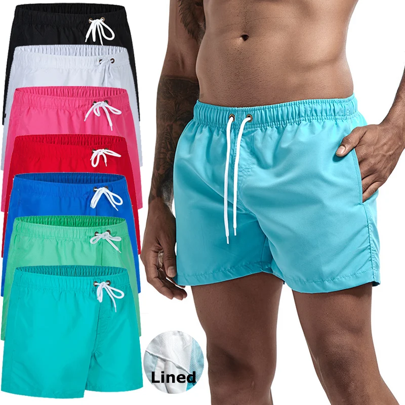 Bañadores para hombre con forro de malla, bolsillos laterales, pantalones cortos de playa sólidos, pantalones cortos ligeros de secado rápido con cordón, traje de baño de verano