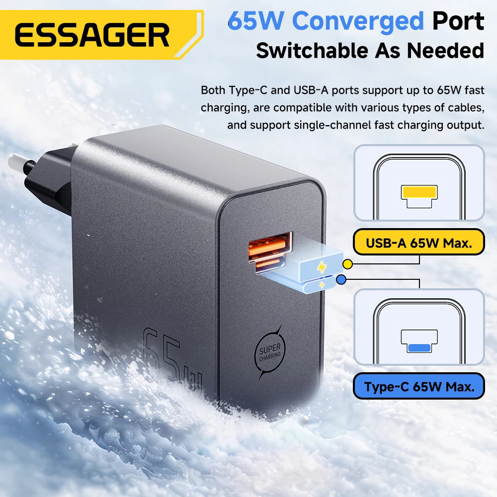 Cargador GaN ESSAGER de 65W, PD3.0, PPS, QC4.0, Totalmente Compatible con iPhone 17, 16, Samsung S26, MacBook Air, Laptop Huawei, Cargador Rápido PD
