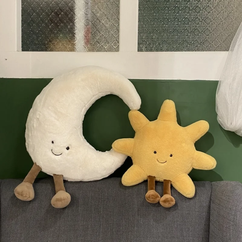 Adorable cara sonriente, Luna blanca, sol amarillo, peluche, lindo juguete de peluche meteorológico de dibujos animados para decoración de dormitorio de niños, almohada para sofá