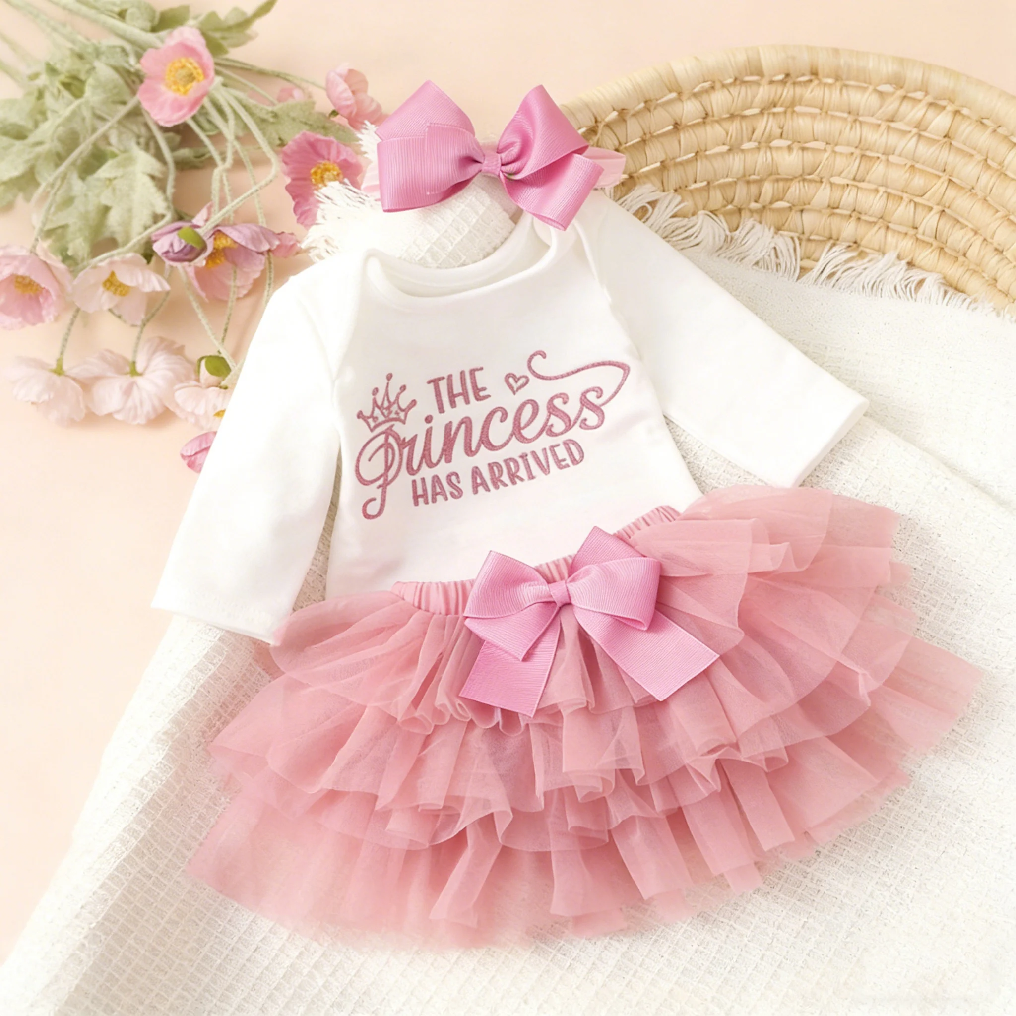 Ylsteed-Conjuntos de ropa para fotografía de recién nacidos, mono con estampado de letras para niñas, falda de tul rosa, diadema, accesorios para fotografía-HD