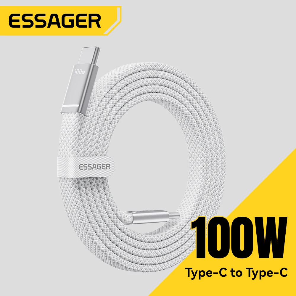 Cable Essager de 100W 5A Tipo C a Tipo C para iPhone 17, Macbook, Xiaomi, Huawei, Cable Plano Ultrafino USB C, Cable de Carga Rápida Tipo C