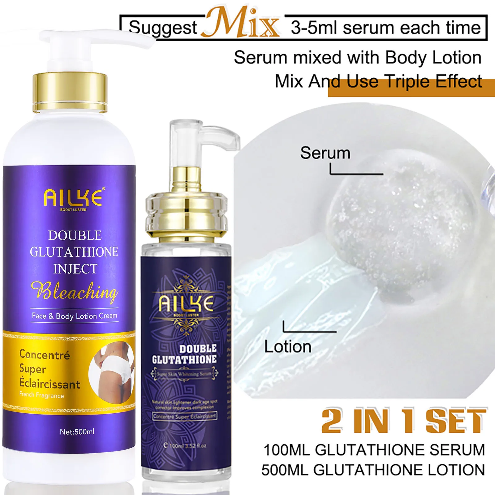 Set de Cuidado de la Piel Blanqueador con Glutatión AILKE, Suero Facial y Loción Corporal, Reduce Manchas Oscuras, Pigmentación, Hidratante
