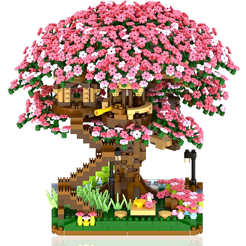 Mini juego de bloques de construcción de árbol Sakura, ladrillos de flor de cerezo artesanal con modelo de casa de árbol ligera, adorno, regalo romántico para novia