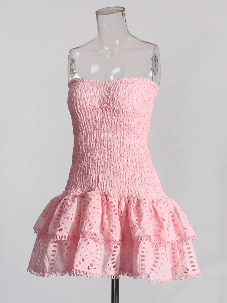 TWOTWINSTYLE, vestidos informales con pliegues de retales para mujer, sin tirantes, sin mangas, cintura alta, vestido elegante adelgazante calado para mujer