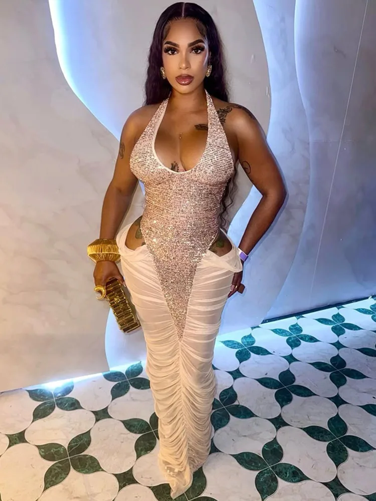 Vestido Maxi de Fiesta Sexy con Lentejuelas Brillantes para Mujer, de Lujo, Estilo Celebridad, con Malla Transparente, Retazos y Aberturas, Formal, Fruncido y Ajustado al Cuerpo