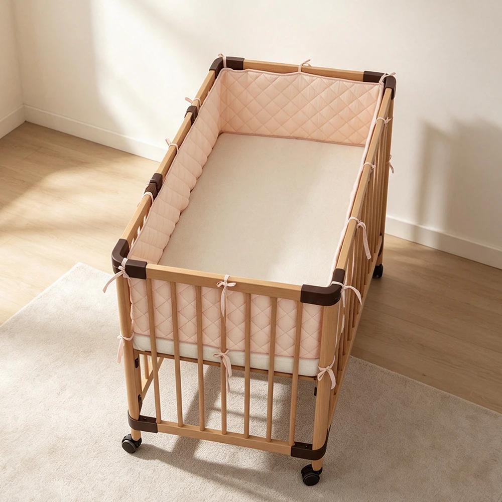 Parachoques en la cuna, cojín de cuna de una pieza a cuadros de crepé, protección para barra de cama de bebé, parachoques para cama de bebé suave para dormir de algodón Beige