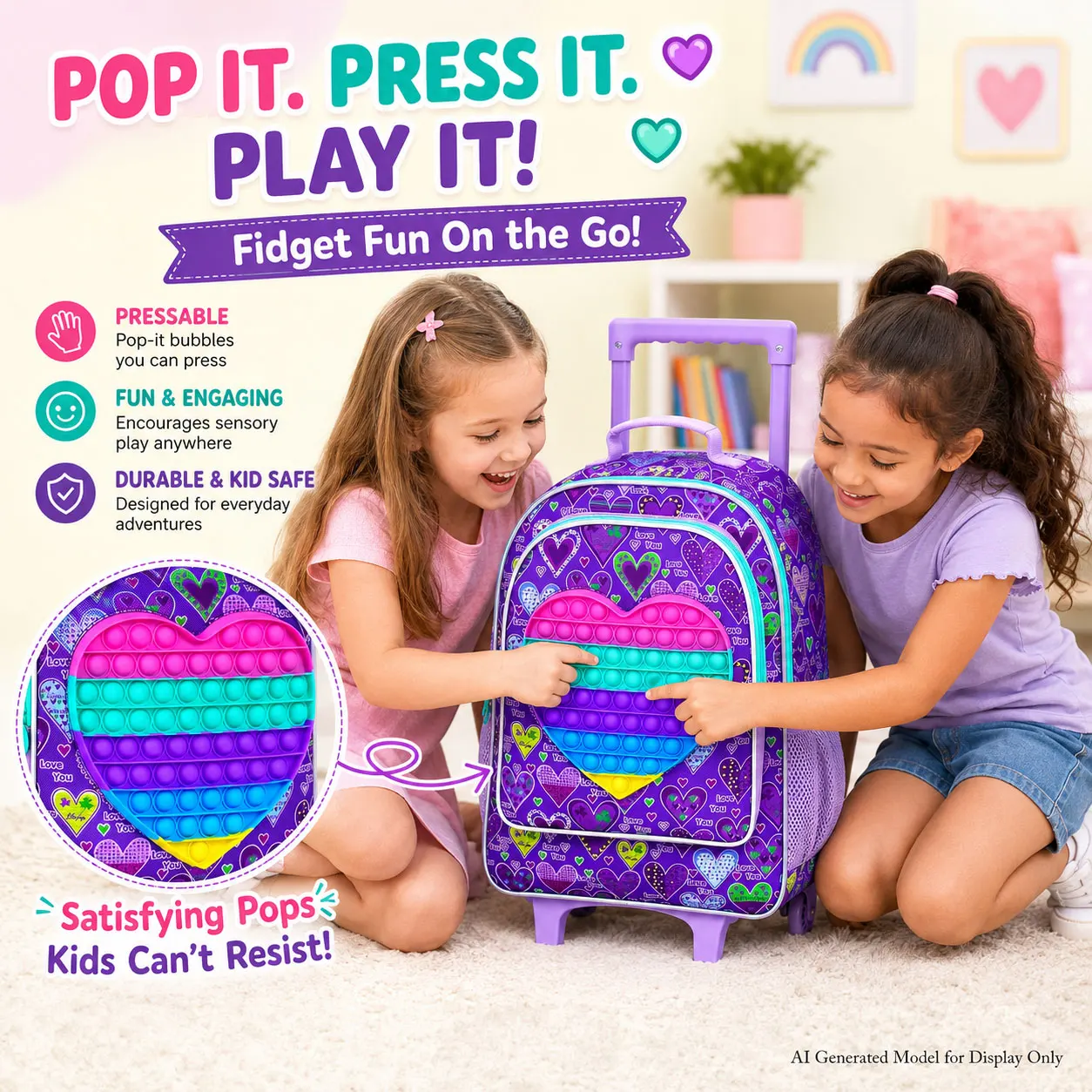 Mochila con ruedas de 3 piezas para niñas, mochila con ruedas para niños, mochila escolar con ruedas y bolsa de almuerzo - Corazón morado