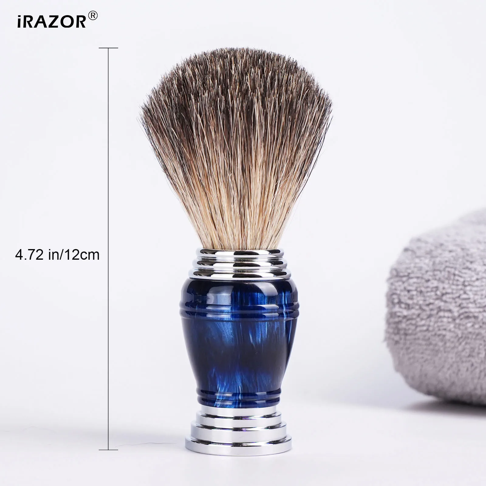 Brocha de Afeitar Premium iRAZOR para Hombres con Pelo Natural, Mango de Resina Azul Espacial, Herramienta de Afeitado en Húmedo para Barbero, Regalo para el Cuidado de la Barba