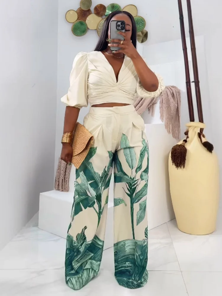 Wmstar, conjunto de dos piezas para mujer, pantalón corto informal de manga estampada con cuello en V, manga acampanada, pantalones largos de pierna ancha, traje al por mayor, triangulación de envíos