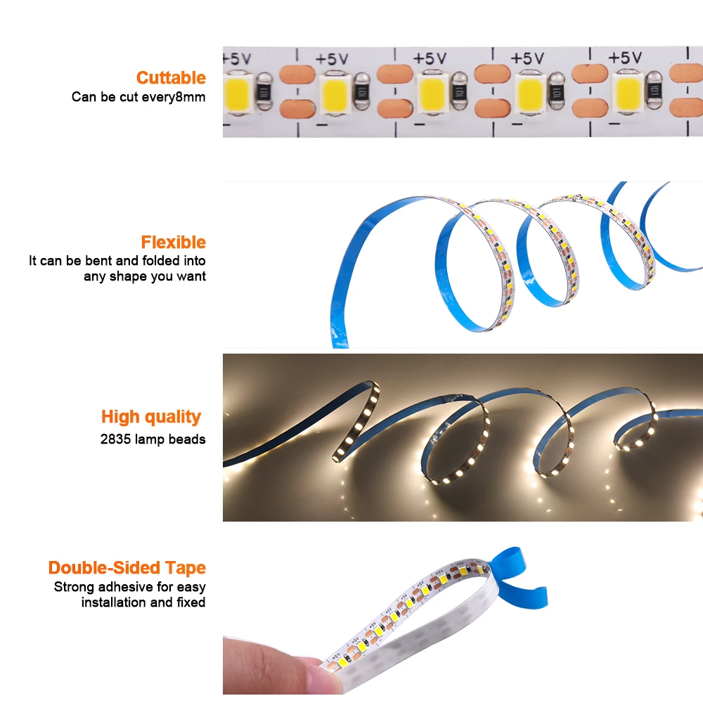Tira de luces LED de 5V 2835, 3mm, 5mm, 8mm, ancho PCB, 120Leds/m, cinta LED Flexible, diodo, cable USB/2PIN, luces Led para decoración de habitación