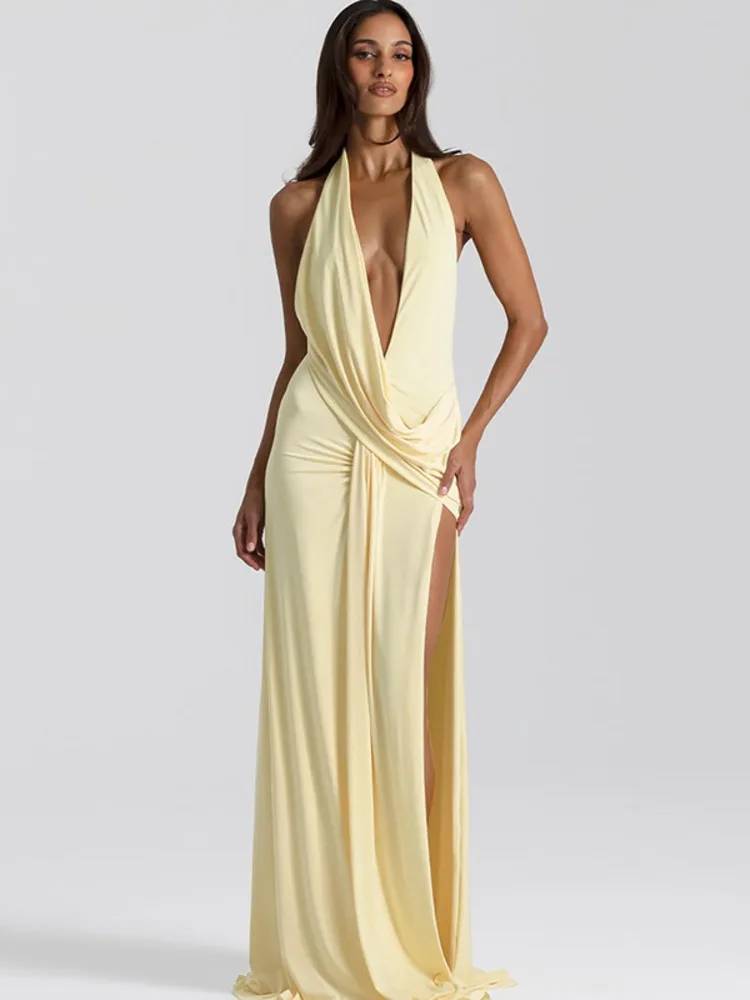 Mozision Halter escote en V profundo espalda descubierta Sexy Maxi vestido de mujer moda Irregular sin mangas muslo alto Split Club vestidos de fiesta
