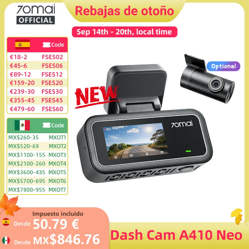 【Nuevo】Cámara para coche 70mai A410 Neo 1440P HDR de doble canal con GPS integrado, lente f/1.6, supercondensador, Wi-Fi 6, DVR para coche con grabación de estacionamiento 24H, 70mai A410 Neo