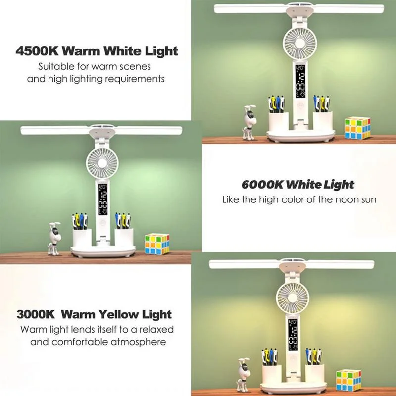 Lámpara de mesa recargable para estudio, lámpara de escritorio, luz de lectura, luz de mesa Led con ventilador, lámpara de lectura de pantalla de reloj Led
