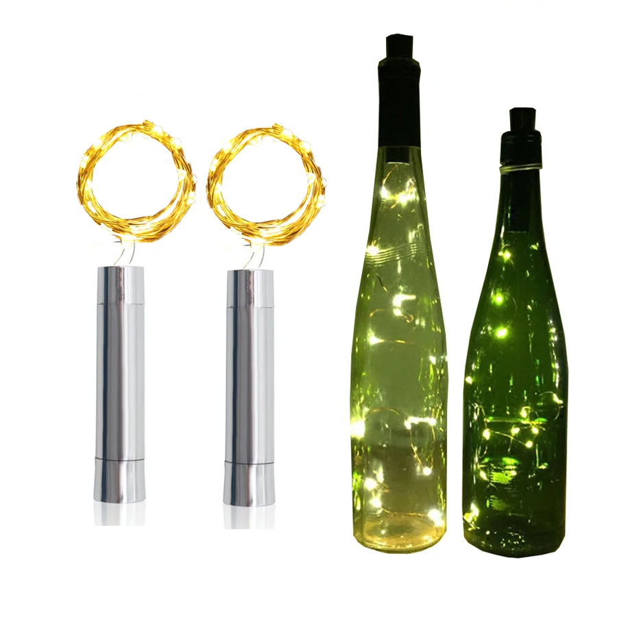 10 Uds. 20LED botella de vino plateada luz de corcho AA con pilas guirnalda de luces de hadas botella de corcho luz para decoración de fiesta de Navidad DIY