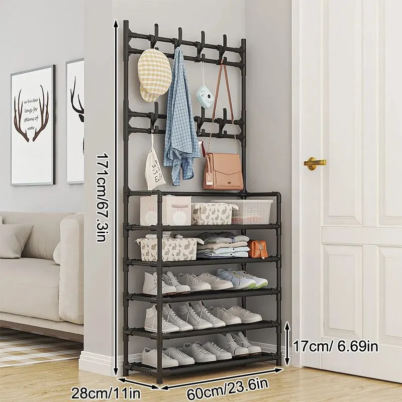 Zapatero de cinco capas, Zapatero Simple, estante de almacenamiento integrado, Zapatero para el hogar, Perchero multifuncional para ropa, perchero de 2 piezas