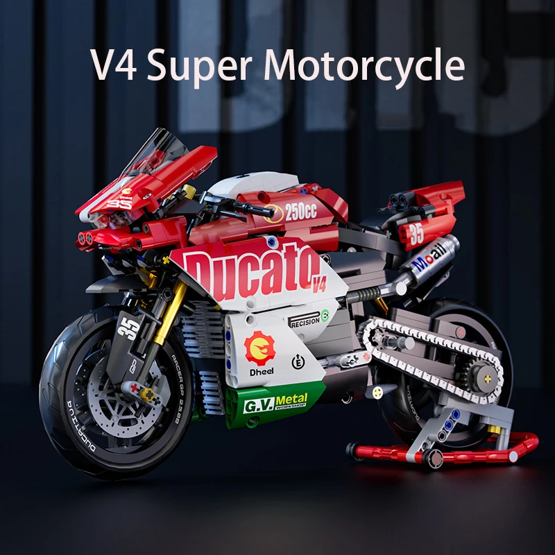Famoso juego de bloques de construcción de motocicletas V4, kit de modelo de supermoto, carreras técnicas, juguetes técnicos ensamblados, regalos para niños y niñas