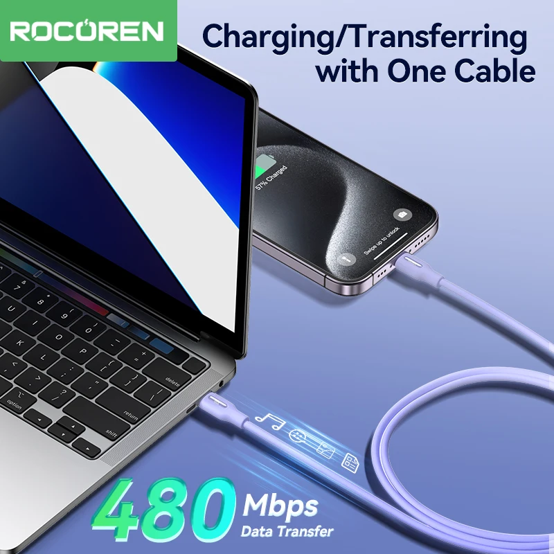 Rocoren-Cable USB tipo C de carga rápida para iPhone 15, Samsung, portátil, MacBook, iPad, PD, 100W