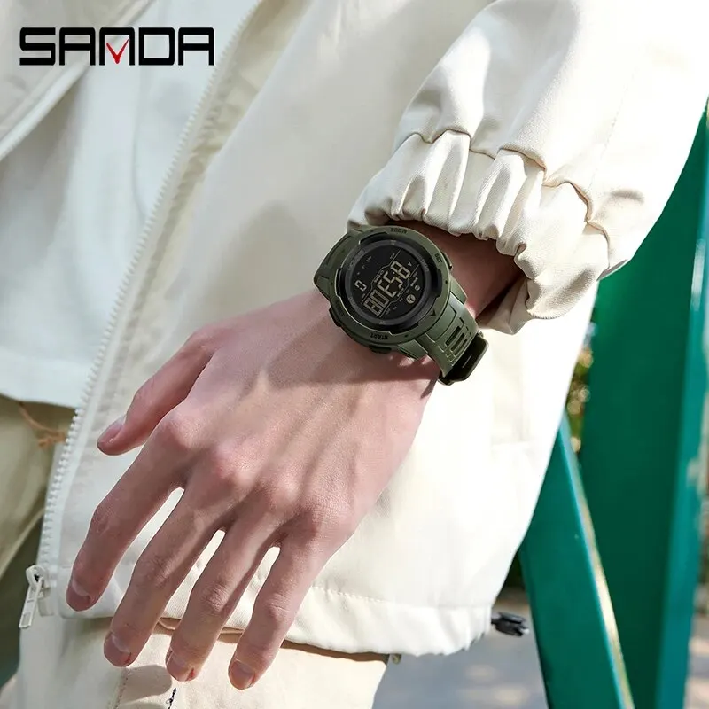 Reloj deportivo SANDA 2145 para hombre, podómetro y contador de calorías, reloj de pulsera militar digital LED resistente al agua hasta 50M, reloj masculino