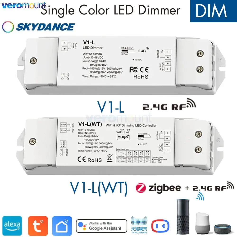 Skydance V1-L 2,4G RF control remoto inalámbrico V1-L(WT) WiFi Tuya APP + regulador LED Push Dim controlador CV 12V 24V 15A PWM 0-100% continuo