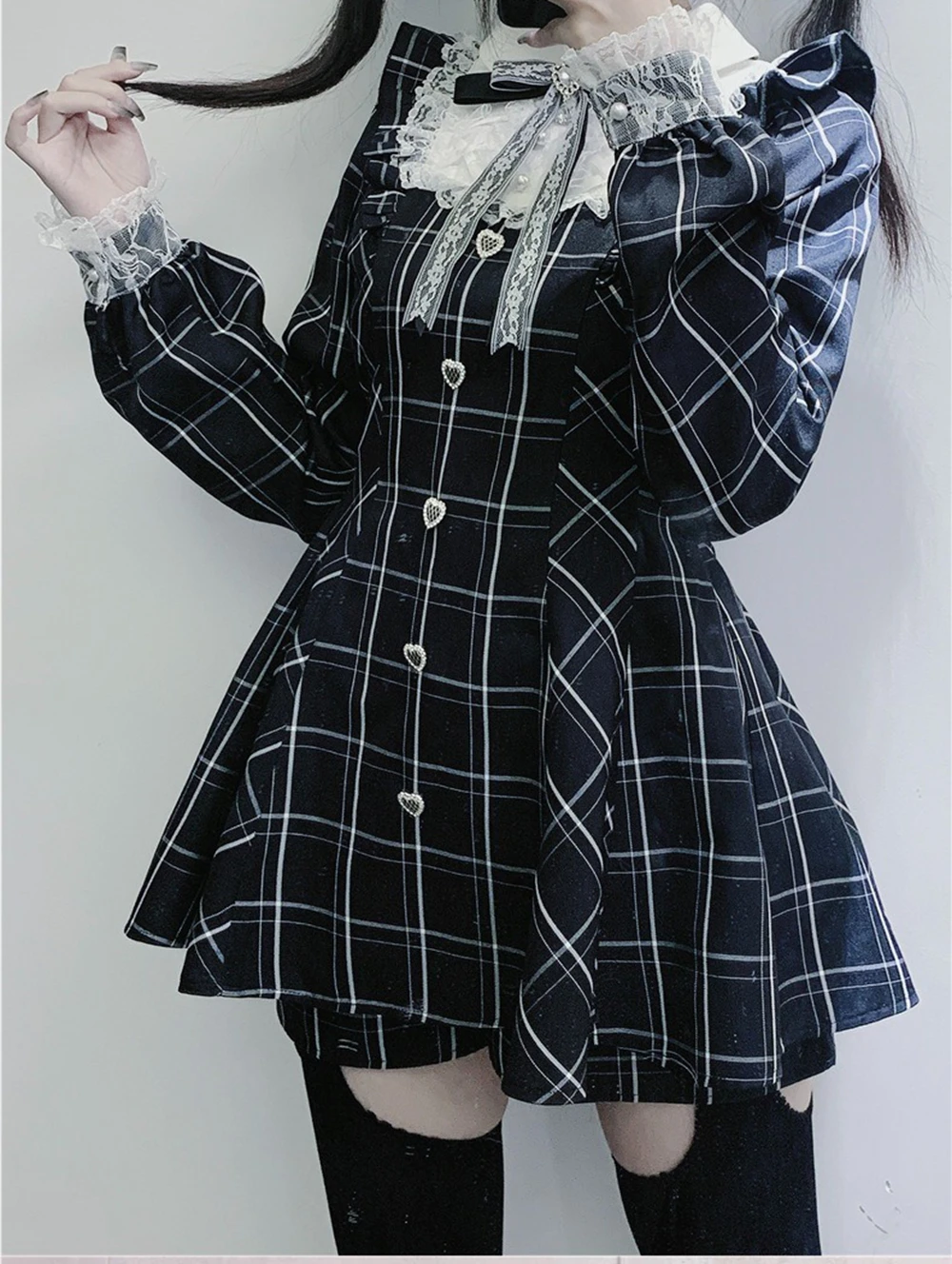 Vestido Lolita Kawaii para Mujer, con Encaje, Parches a Cuadros, Estilo Hada Grunge, con Volantes, Manga Larga, Estética Y2K