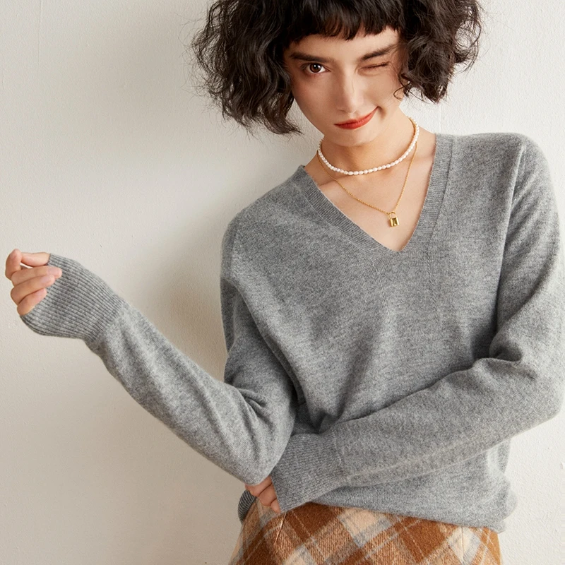 Otoño e Invierno nuevo suéter de cachemira para mujer 100% cachemira pura jersey de punto con cuello en V de manga larga Top de mujer superventas