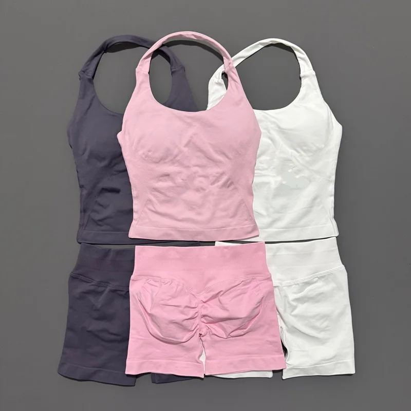 Conjunto deportivo Histello de 2 piezas para mujer, cuello Halter, a prueba de golpes, palangre, Top con tiras, pantalones cortos de entrenamiento, conjuntos de ropa deportiva, traje de gimnasio