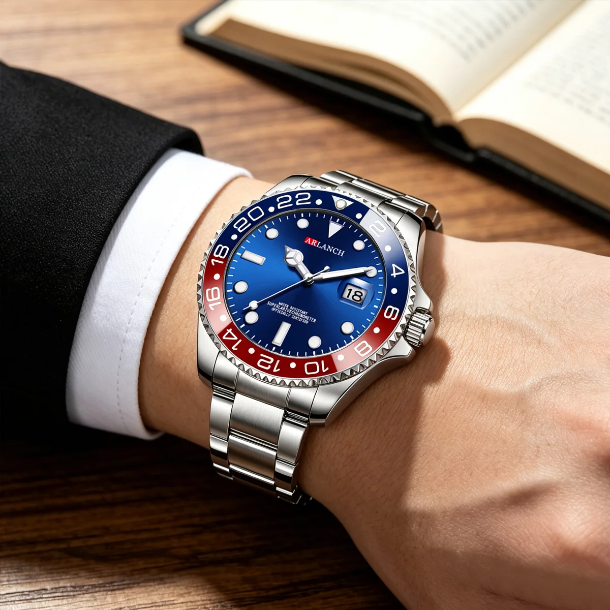 Reloj de acero inoxidable de 40 mm, estilo empresarial, serie de buceo con círculo rojo y azul, lupa, calendario, reloj de cuarzo, montre homme