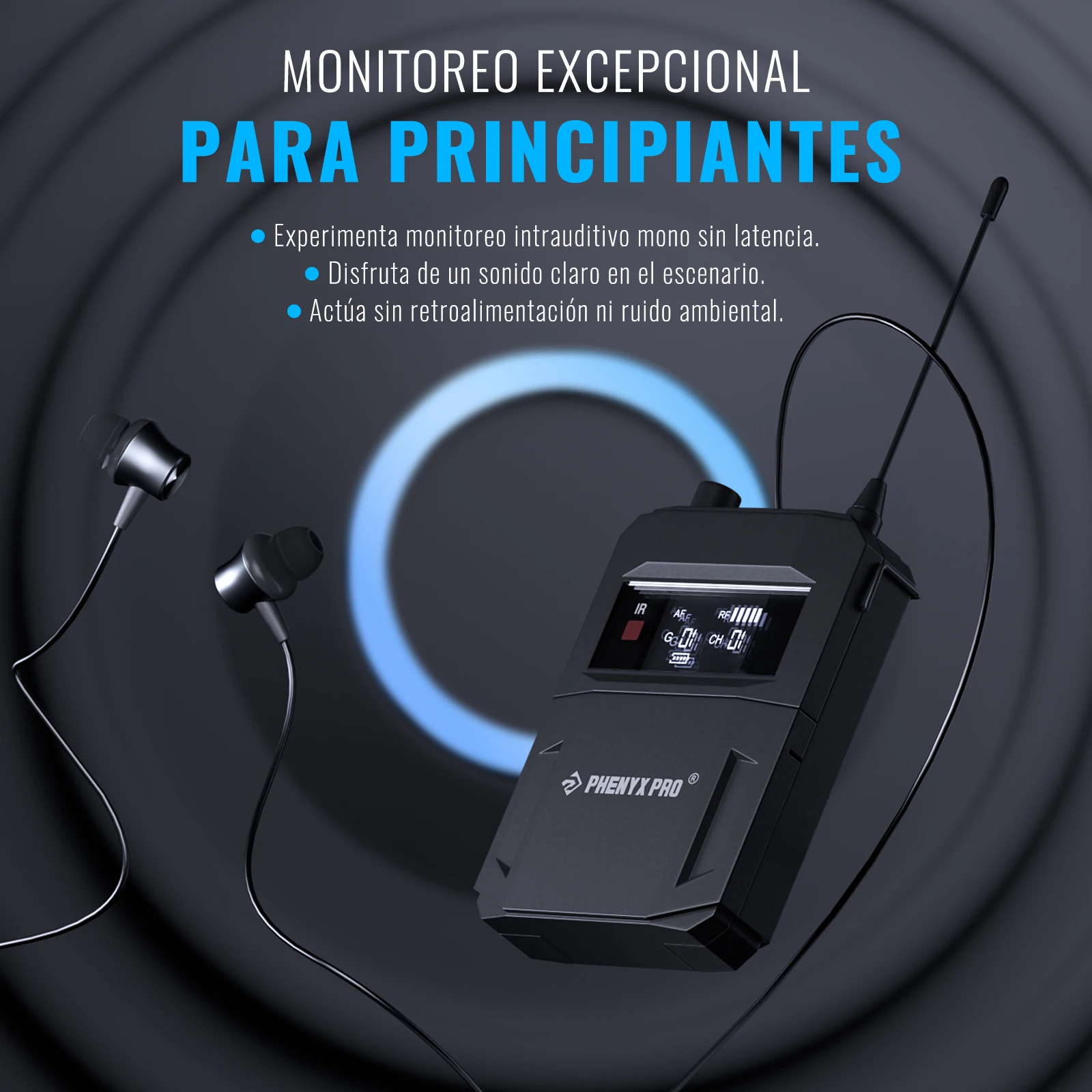Sistema de Monitoreo Inalámbrico In-Ear Phenyx Pro PTM-33 de 4 Canales Mono con Soporte de Rack para Iglesia y Bodas