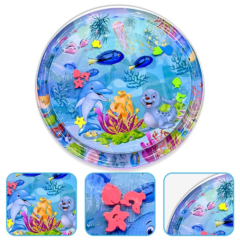 Alfombra de agua grande para jugar al bebé, 100cm, patrón de sello de delfín, alfombra de juego redonda inflable de PVC, cojín, regalo para niños, 1 ud.