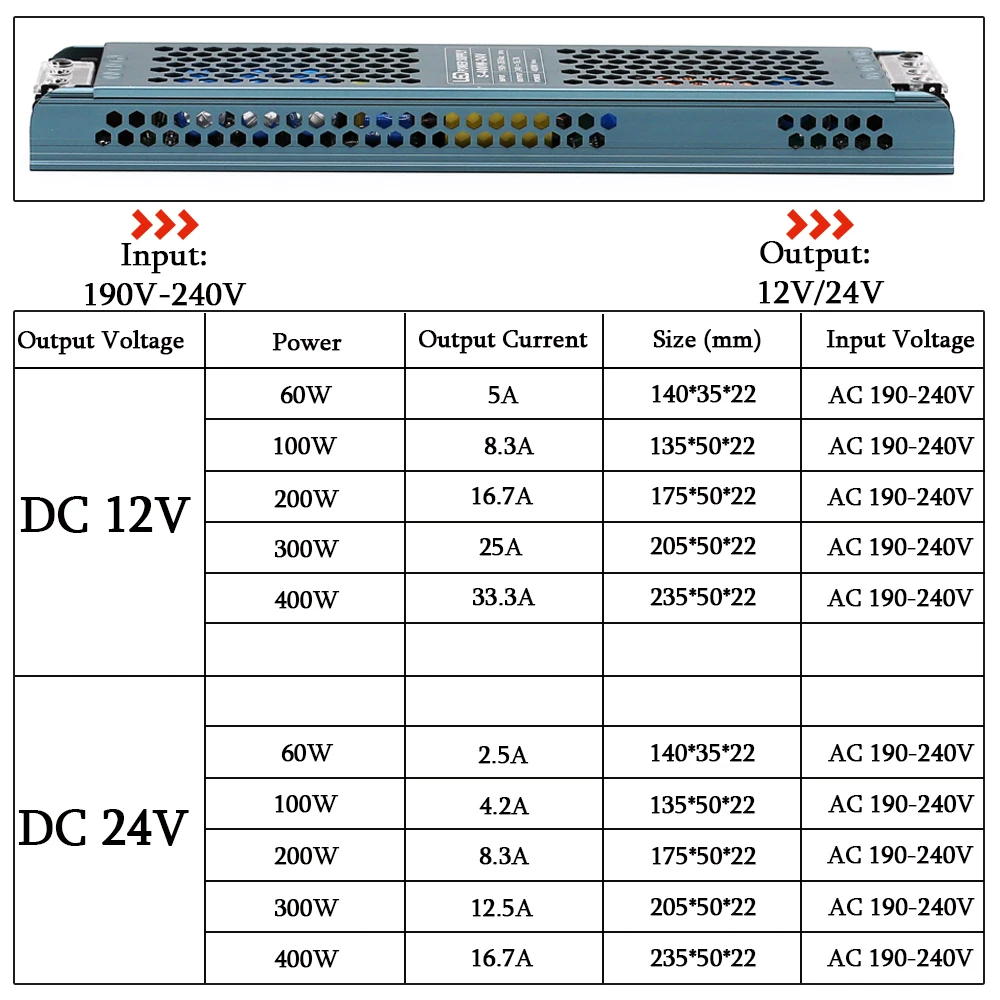 Fuente de alimentación conmutada de 12V y 24V CC, transformadores de iluminación silenciosos de AC190-240V, adaptador de corriente de controlador de luz LED de 60W, 100W, 200W, 300W y 400W