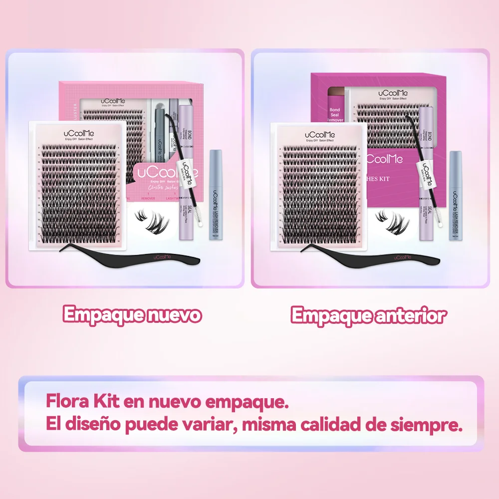 uCoolMe Lashes Flora 0.05mm Kit de Extensiones de Pestañas con Grupos Definidos y Voluminosos, Adhesivo y Sellador, Removedor, para Uso Doméstico, Larga Duración, Resistentes al Agua