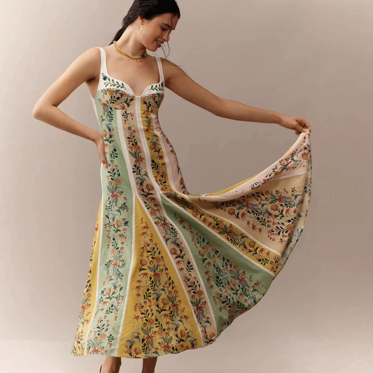 Moda elegante mujer Vestidos de fiesta sin mangas Casual cuello en V profundo Maxi vestido de verano sin espalda vestido estampado de cintura alta Vestidos