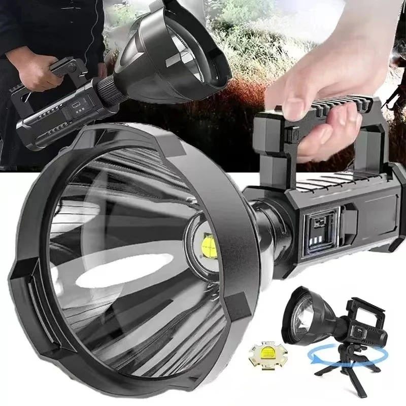 Potente linterna LED portátil, soporte montable, reflector de mano, foco recargable por USB, luz de antorcha impermeable