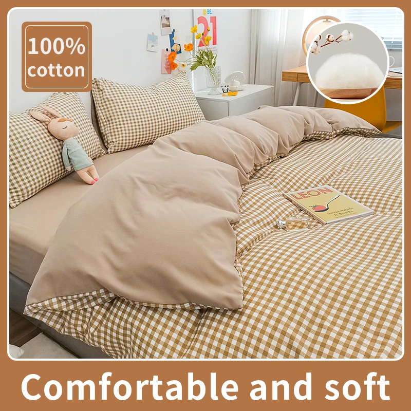 Juego de funda nórdica 100% algodón, juego de cama con rayas a cuadros, transpirable y agradable para la piel, 1 funda nórdica, 2 fundas de almohada, estilo Simple japonés
