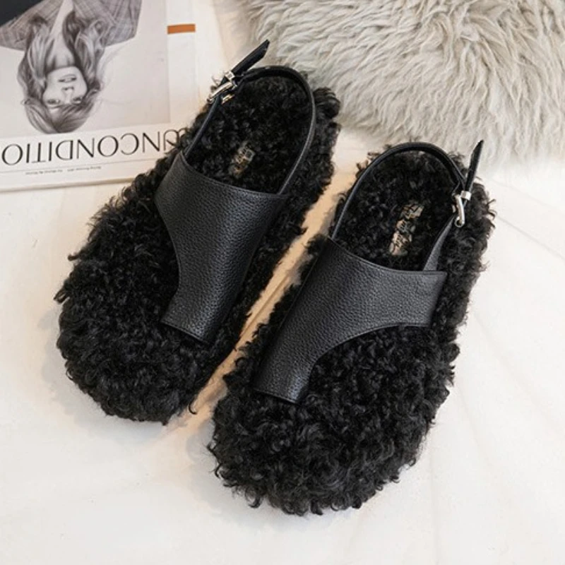 Zapatillas planas cómodas y cálidas para Mujer, Zapatos De diseñador con hebilla y correa trasera a la moda, chanclas De talla grande 42