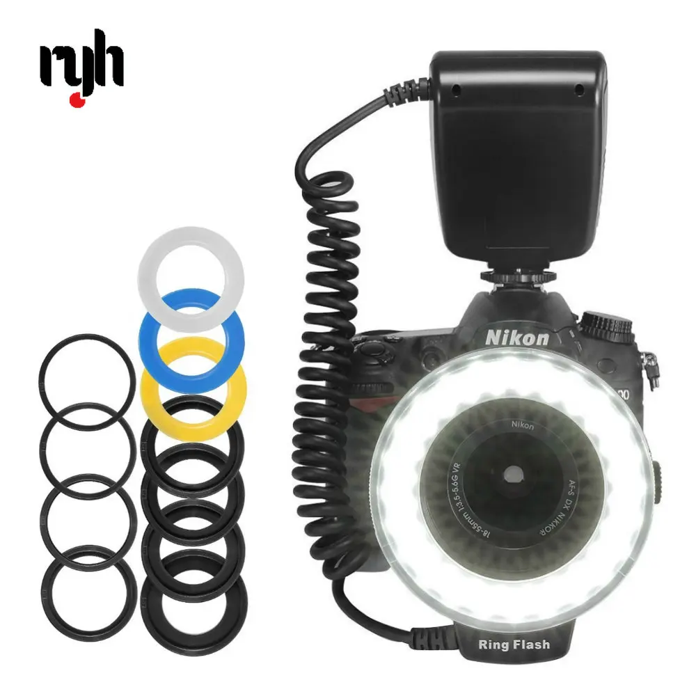 Flash de Anillo LED Macro HD-130 con 8 Anillos Adaptadores para Cámaras DSLR Canon, Nikon, Pentax, Olympus, Panasonic, Flash V HD130