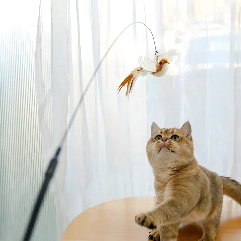 Juguete interactivo para gatos, palo para gatos manos libres, juguete para jugar a gatitos, varita de juguete con ventosa, varita para gatos con pájaros/plumas, suministros para mascotas