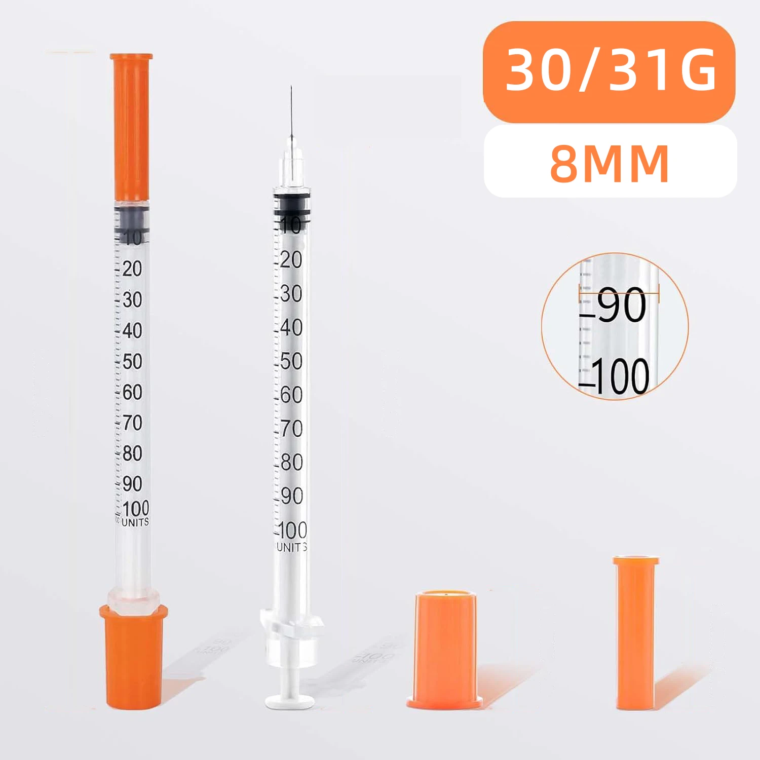 25/80 unidades de jeringa de insulina estéril desechable de 1 ml con aguja de 30/31G y tapa naranja, empaquetadas individualmente para mascotas y animales de granja