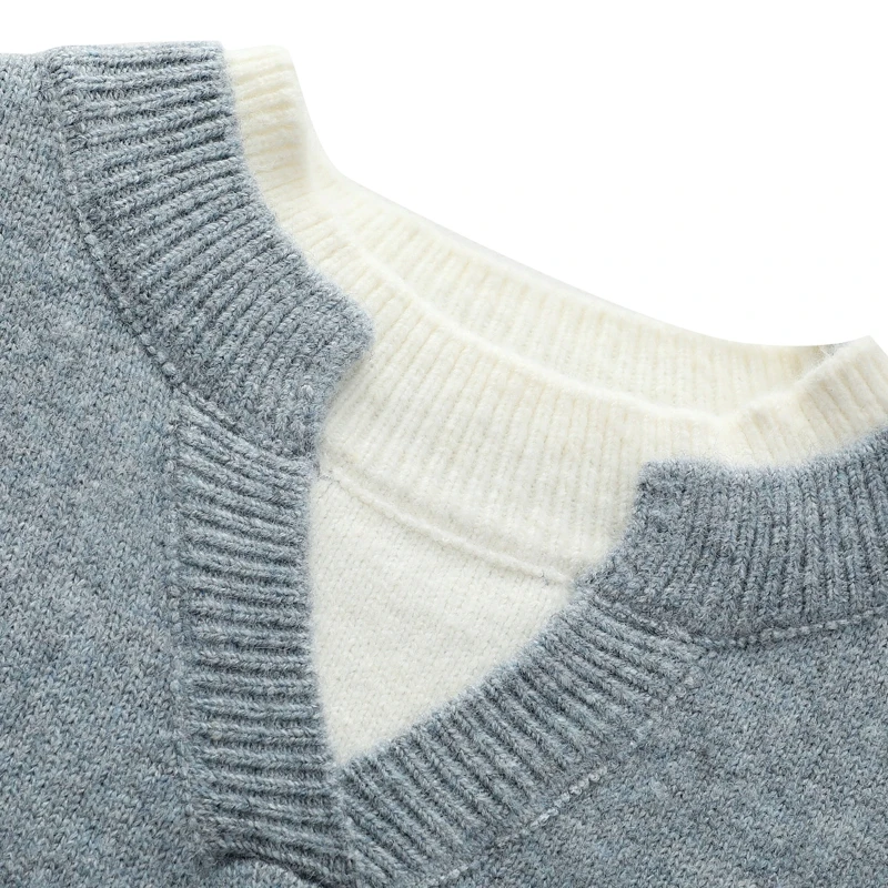 Jersey falso de dos piezas para hombre, cárdigan con cuello redondo, ropa de manga larga, suéter de punto informal juvenil cómodo y térmico